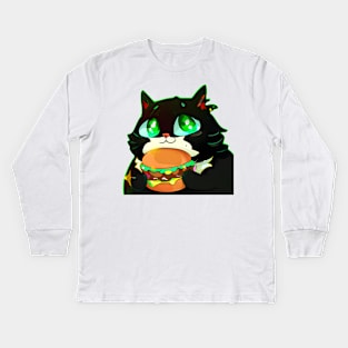 Black Fat cat with eating burger Kids Long Sleeve T-Shirt